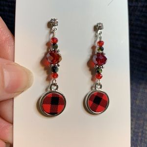Handcrafted Red and Black Drop Buffalo Print Dangling Post Earrings
